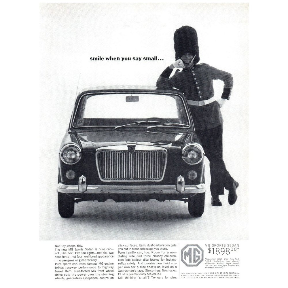 1964 MG Sports Sedan Smile When You Say Small Vintage Print Ad Beefeater Guard